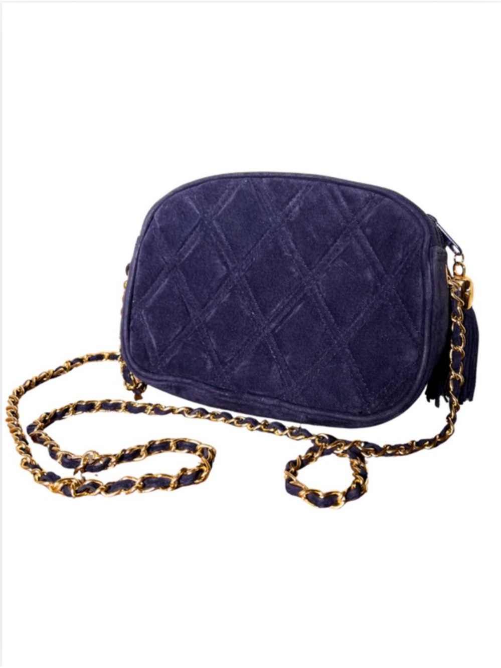 Quilted Navy Suede Crossbody Bag with Gold Chain